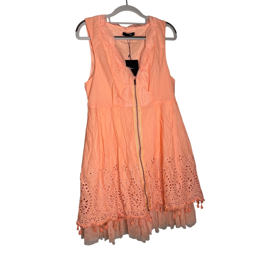 NWT Ryu Peach Coral Eyelet Tulle Tassel Mini Dress Sleeveless Zip Front L